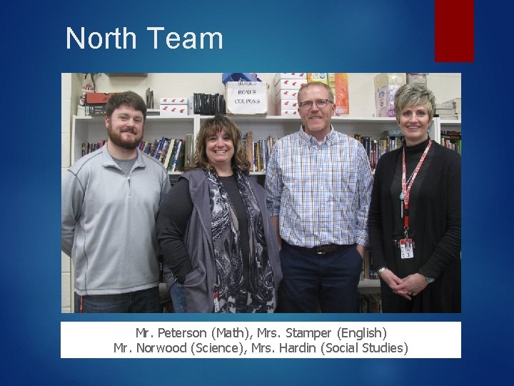 North Team Mr. Peterson (Math), Mrs. Stamper (English) Mr. Norwood (Science), Mrs. Hardin (Social