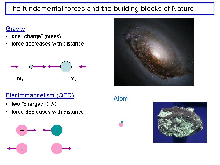 The fundamental forces and the building blocks of Nature Gravity • one “charge” (mass)