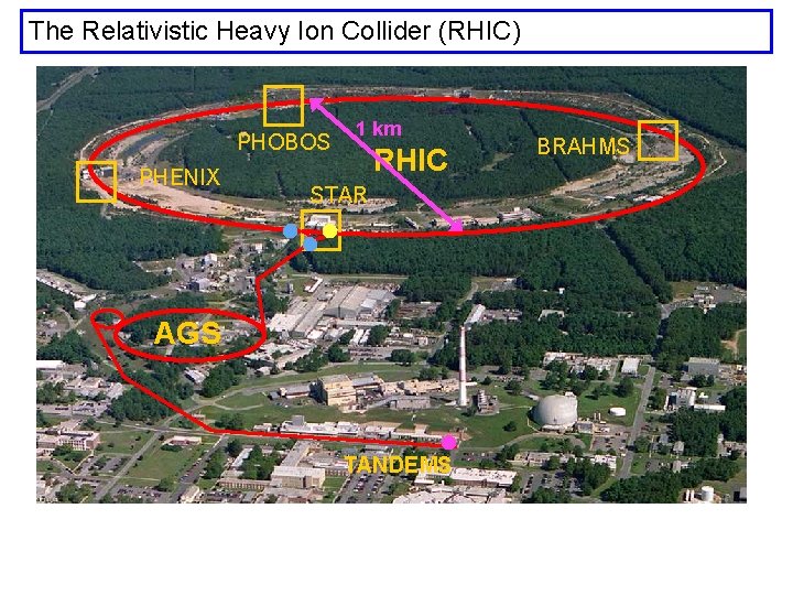 The Relativistic Heavy Ion Collider (RHIC) PHOBOS PHENIX 1 km RHIC STAR AGS TANDEMS