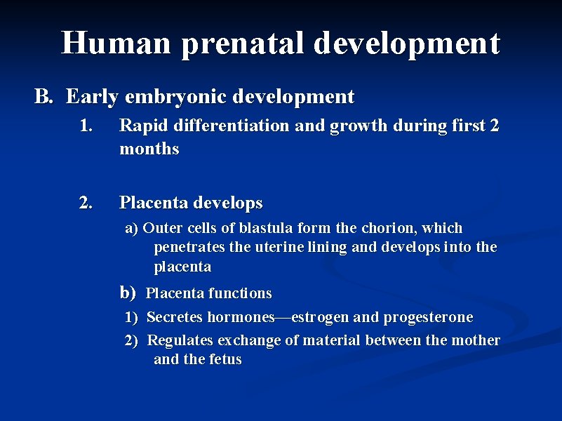 Human prenatal development B. Early embryonic development 1. Rapid differentiation and growth during first