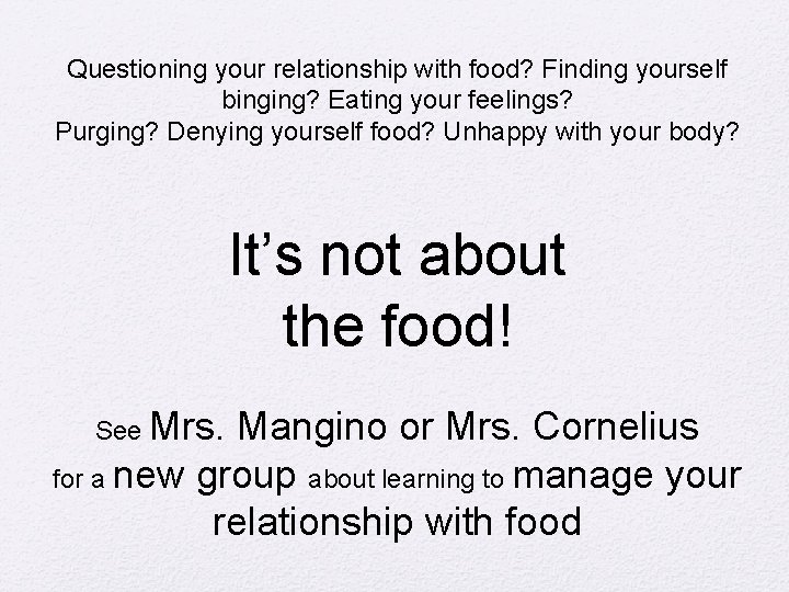 Questioning your relationship with food? Finding yourself binging? Eating your feelings? Purging? Denying yourself