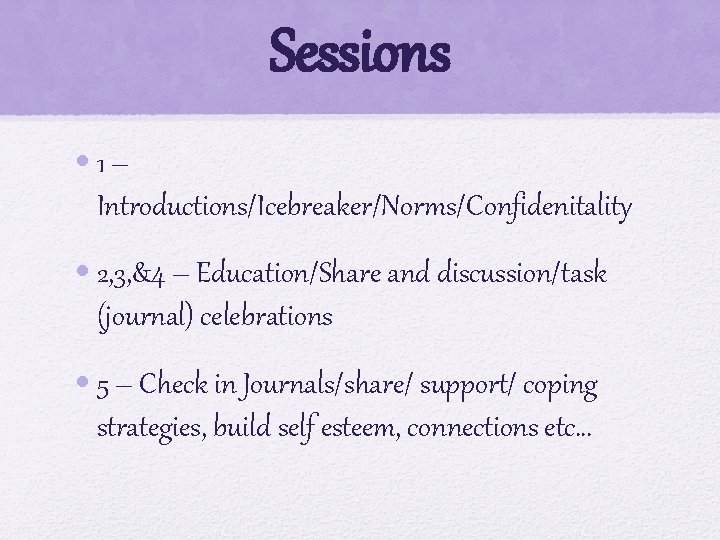 Sessions • 1 – Introductions/Icebreaker/Norms/Confidenitality • 2, 3, &4 – Education/Share and discussion/task (journal)