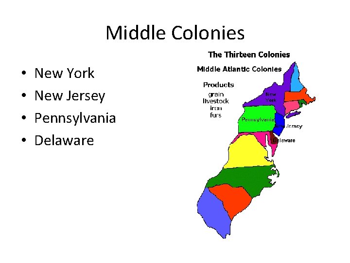 Middle Colonies • • New York New Jersey Pennsylvania Delaware 