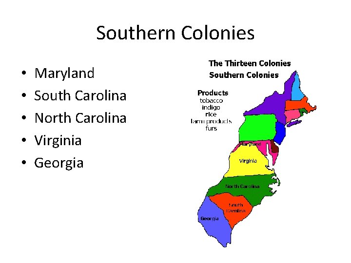 Southern Colonies • • • Maryland South Carolina North Carolina Virginia Georgia 