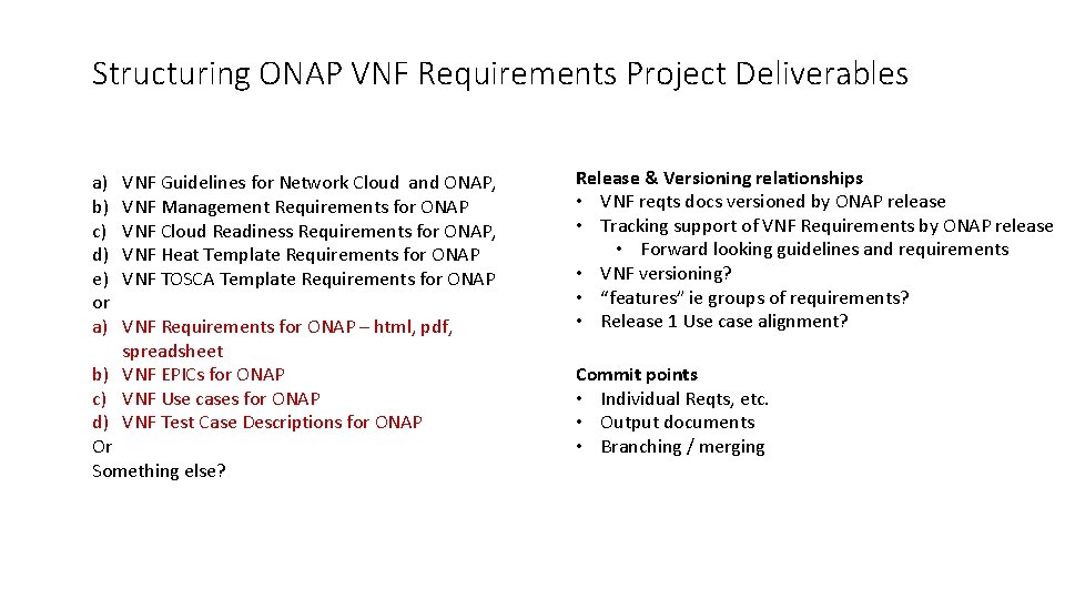 Structuring ONAP VNF Requirements Project Deliverables a) b) c) d) e) or a) VNF