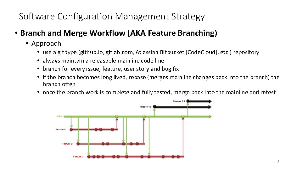Software Configuration Management Strategy • Branch and Merge Workflow (AKA Feature Branching) • Approach