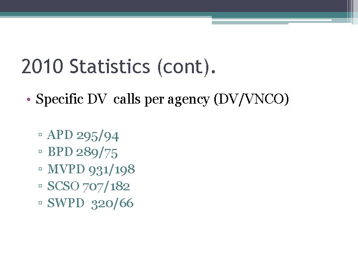 2010 Statistics (cont). • Specific DV calls per agency (DV/VNCO) ▫ ▫ ▫ APD