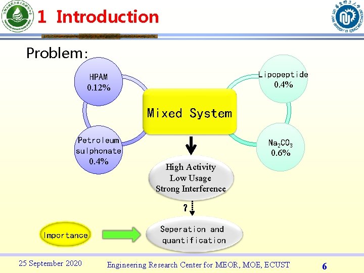 1 Introduction Problem： Lipopeptide 0. 4% HPAM 0. 12% Mixed System Petroleum sulphonate 0.
