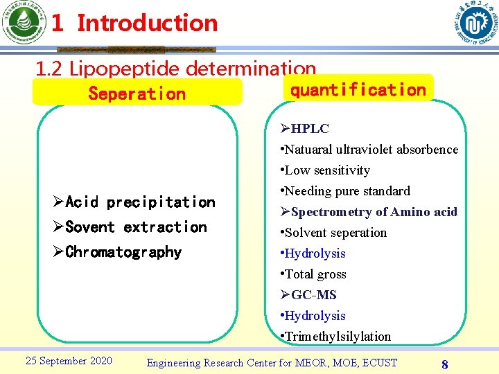 1 Introduction 1. 2 Lipopeptide determination quantification Seperation ØAcid precipitation ØSovent extraction ØChromatography 25