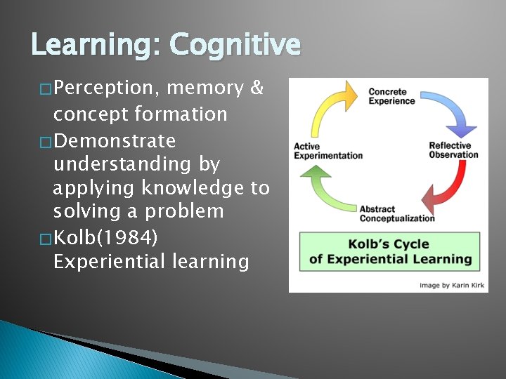 Learning: Cognitive � Perception, memory & concept formation � Demonstrate understanding by applying knowledge