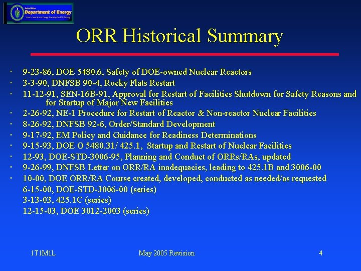 ORR Historical Summary 9 -23 -86, DOE 5480. 6, Safety of DOE-owned Nuclear Reactors
