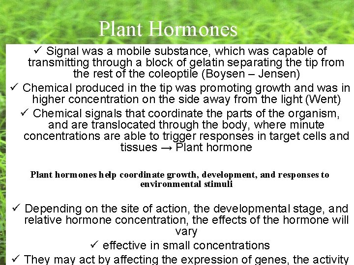 Plant Hormones ü Signal was a mobile substance, which was capable of transmitting through Plant Hormones ü Signal was a mobile substance, which was capable of transmitting through