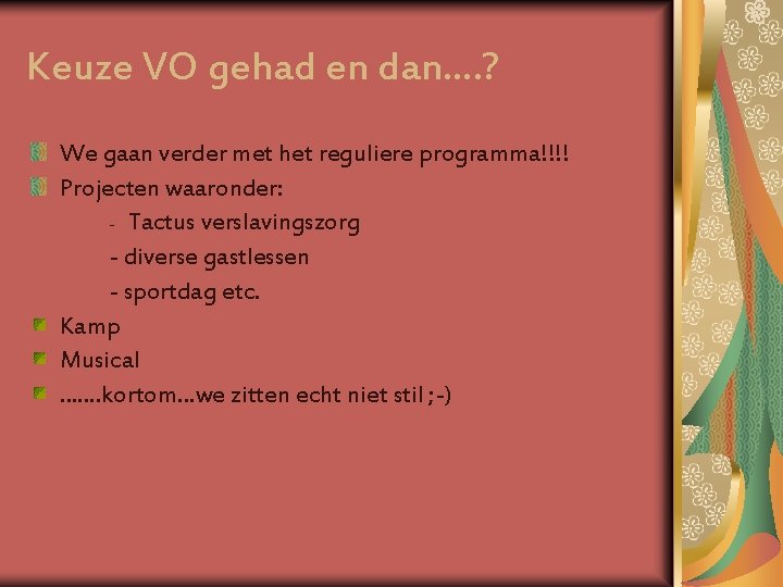 Keuze VO gehad en dan…. ? We gaan verder met het reguliere programma!!!! Projecten