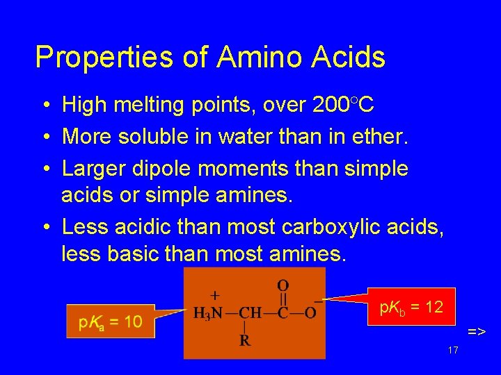 Properties of Amino Acids • High melting points, over 200 C • More soluble