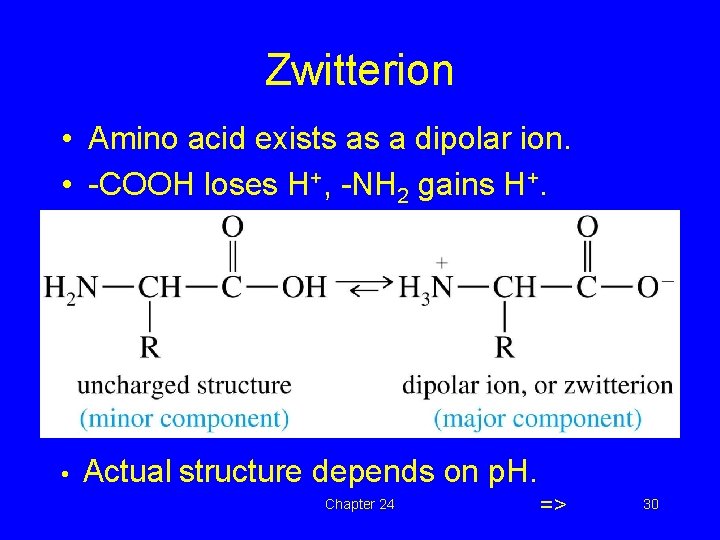 Zwitterion • Amino acid exists as a dipolar ion. • -COOH loses H+, -NH