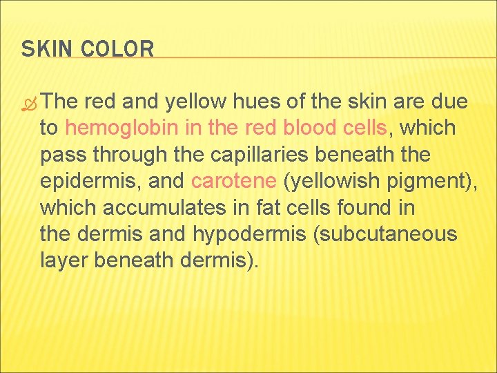 SKIN COLOR The red and yellow hues of the skin are due to hemoglobin