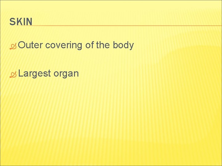 SKIN Outer covering of the body Largest organ 