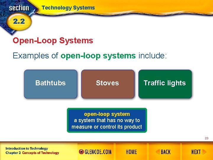 Technology Systems 2. 2 Open-Loop Systems Examples of open-loop systems include: Bathtubs Stoves Traffic