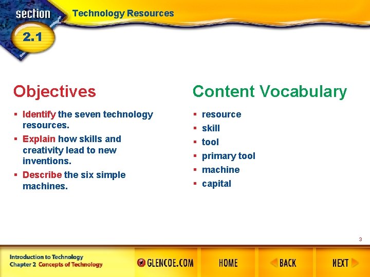 Technology Resources 2. 1 Objectives Content Vocabulary § Identify the seven technology resources. §