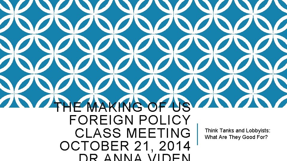 THE MAKING OF US FOREIGN POLICY CLASS MEETING OCTOBER 21, 2014 Think Tanks and