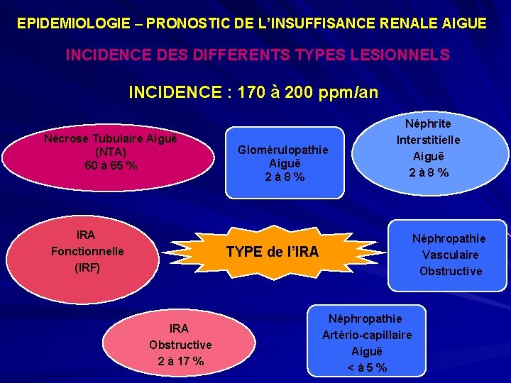 EPIDEMIOLOGIE – PRONOSTIC DE L’INSUFFISANCE RENALE AIGUE INCIDENCE DES DIFFERENTS TYPES LESIONNELS INCIDENCE :