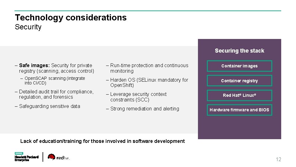 Technology considerations Security Securing the stack – Safe images: Security for private registry (scanning,