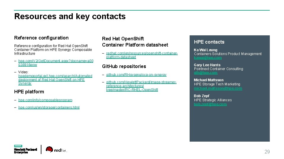 Resources and key contacts Reference configuration for Red Hat Open. Shift Container Platform on