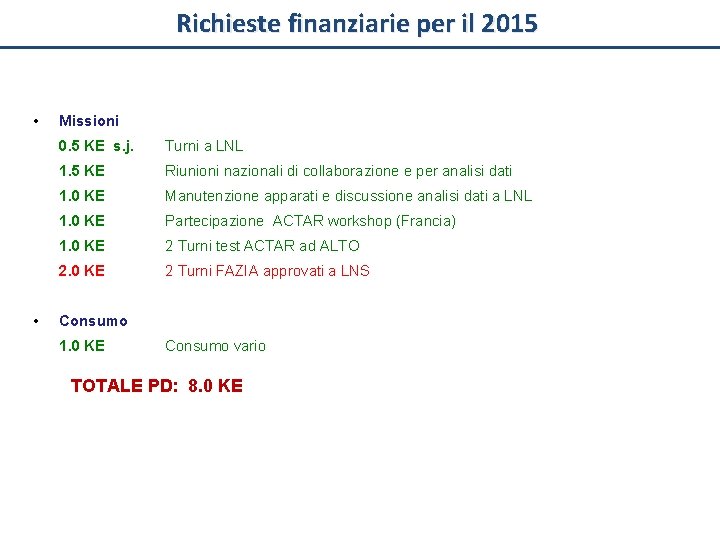 Richieste finanziarie per il 2015 • • Missioni 0. 5 KE s. j. Turni