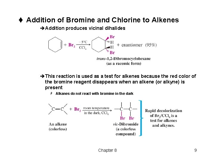 t Addition of Bromine and Chlorine to Alkenes èAddition produces vicinal dihalides èThis reaction t Addition of Bromine and Chlorine to Alkenes èAddition produces vicinal dihalides èThis reaction