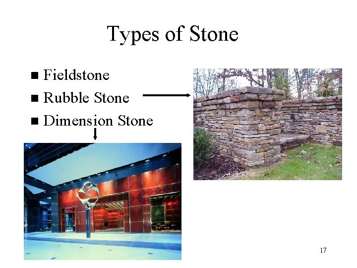 Types of Stone Fieldstone n Rubble Stone n Dimension Stone n 17 