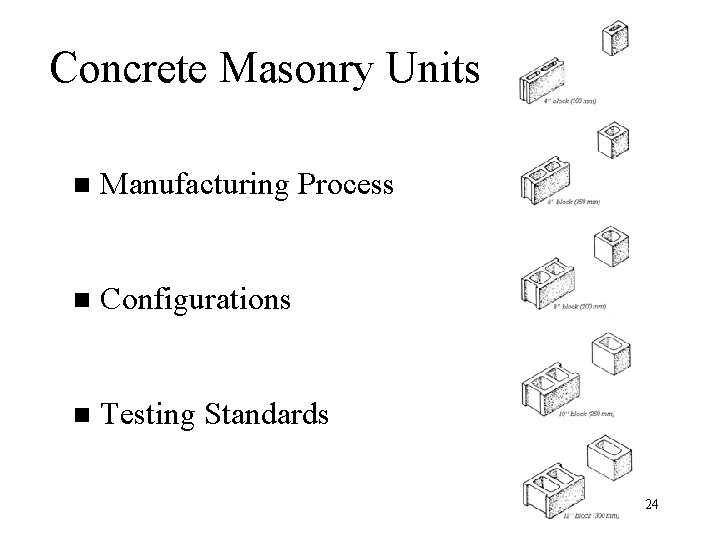 Concrete Masonry Units n Manufacturing Process n Configurations n Testing Standards 24 