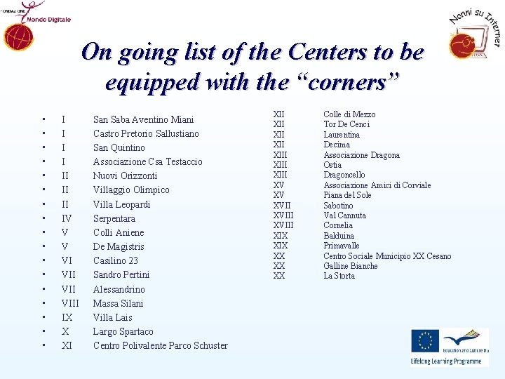 On going list of the Centers to be equipped with the “corners” • •