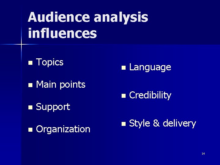 Audience analysis influences n Topics n Main points n n n Language n Credibility