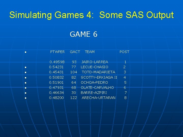 Simulating Games 4: Some SAS Output GAME 6 n n n n PTWPER 0.