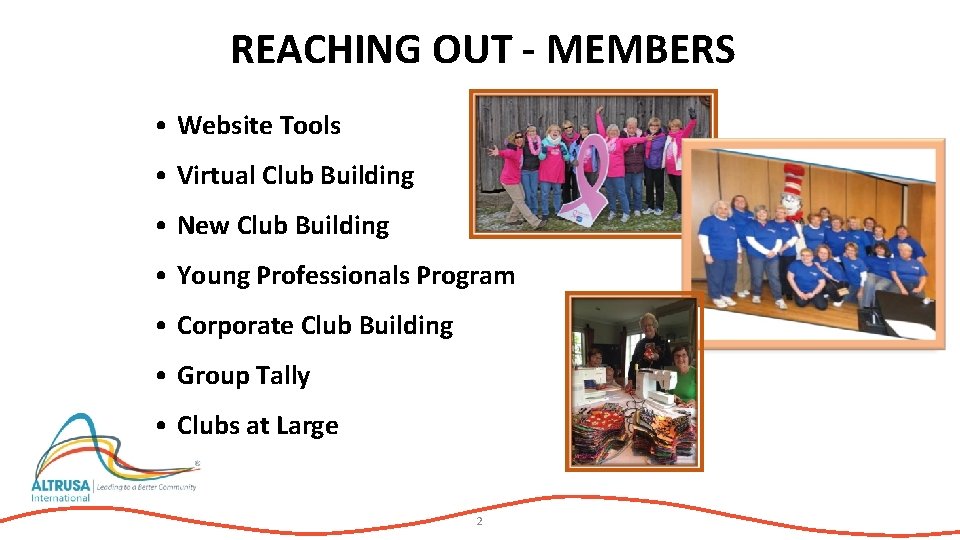 REACHING OUT - MEMBERS • Website Tools • Virtual Club Building • New Club