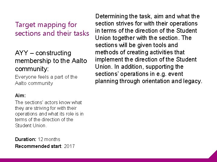 Target mapping for sections and their tasks AYY – constructing membership to the Aalto