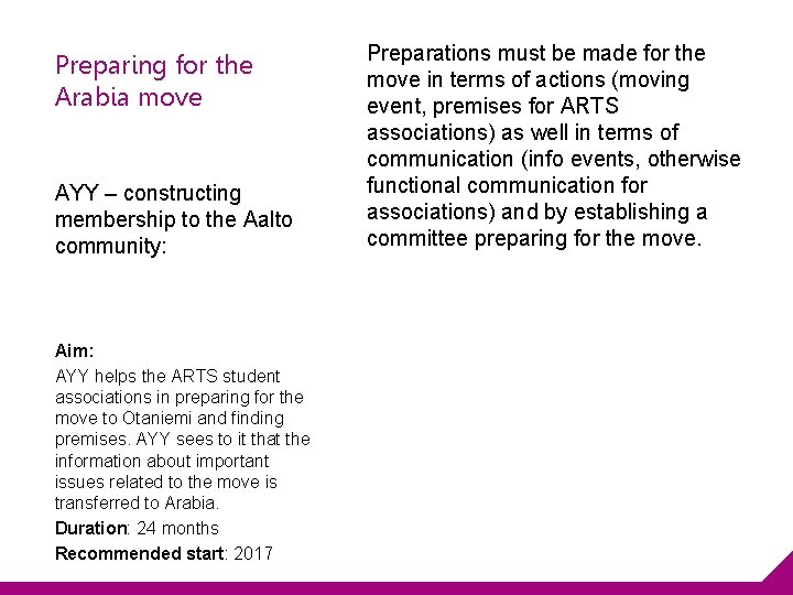 Preparing for the Arabia move AYY – constructing membership to the Aalto community: Aim: