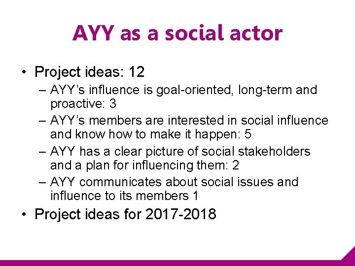 AYY as a social actor • Project ideas: 12 – AYY’s influence is goal-oriented,