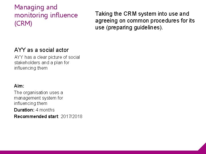 Managing and monitoring influence (CRM) AYY as a social actor AYY has a clear