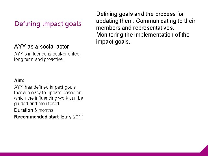 Defining impact goals AYY as a social actor AYY’s influence is goal-oriented, long-term and