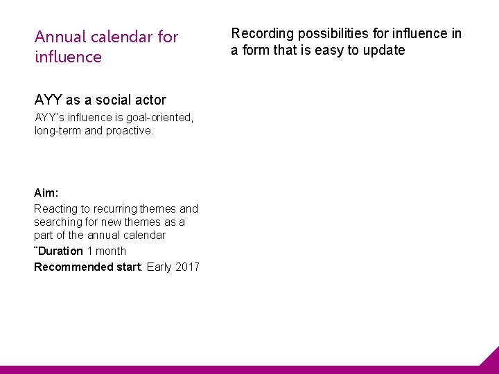 Annual calendar for influence AYY as a social actor AYY’s influence is goal-oriented, long-term