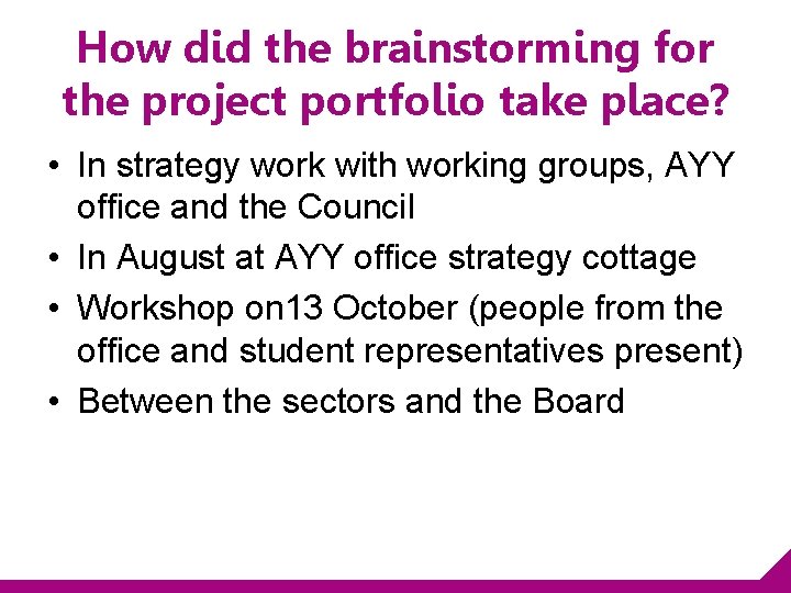 How did the brainstorming for the project portfolio take place? • In strategy work