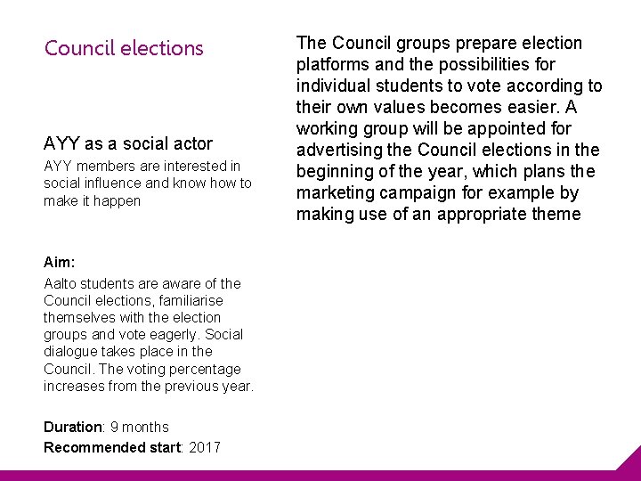 Council elections AYY as a social actor AYY members are interested in social influence