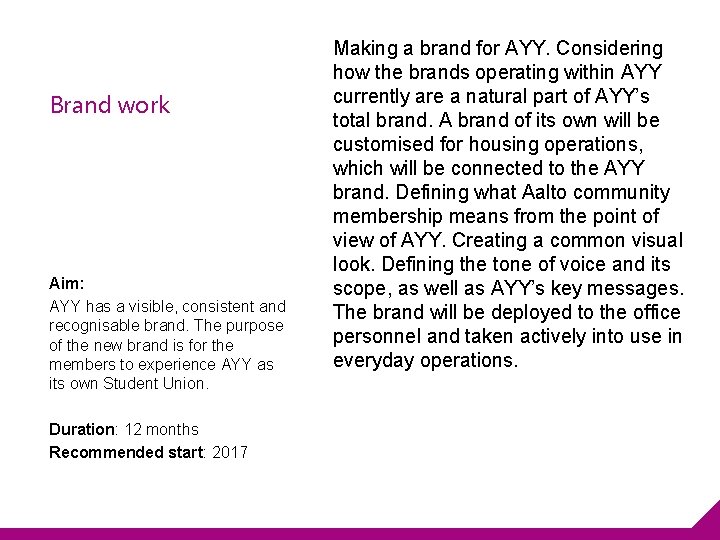 Brand work Aim: AYY has a visible, consistent and recognisable brand. The purpose of