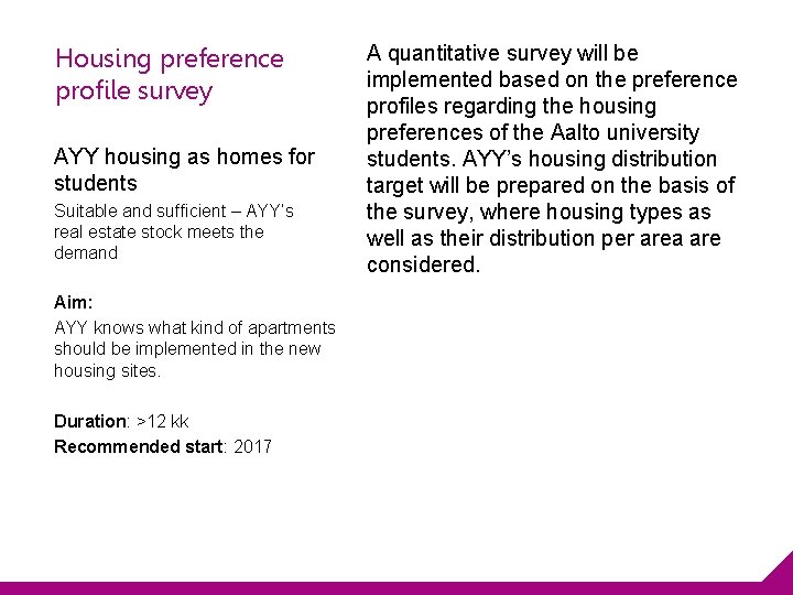 Housing preference profile survey AYY housing as homes for students Suitable and sufficient –