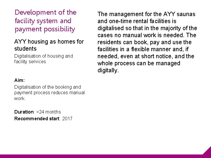 Development of the facility system and payment possibility AYY housing as homes for students