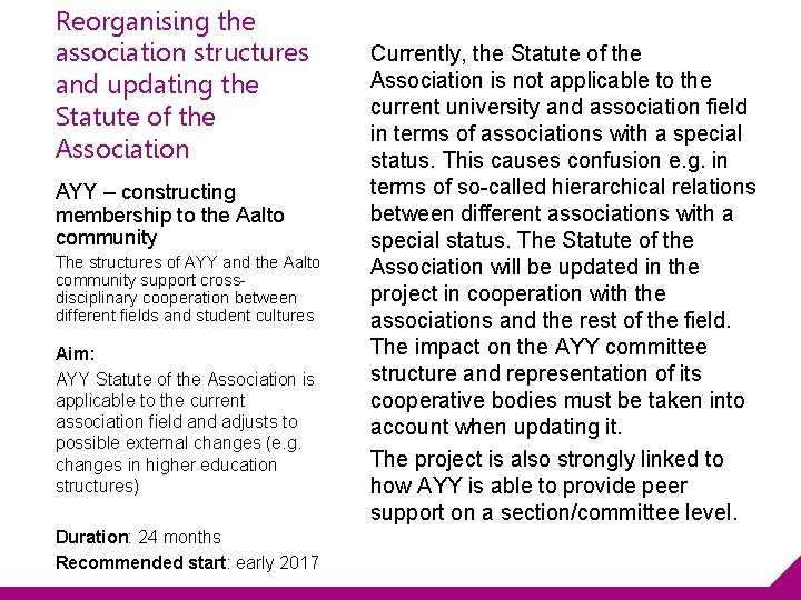 Reorganising the association structures and updating the Statute of the Association AYY – constructing