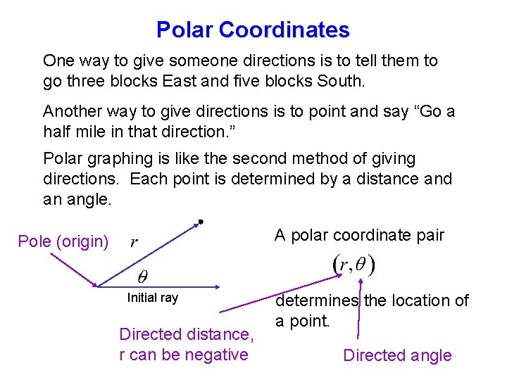 Polar Coordinates One way to give someone directions is to tell them to go