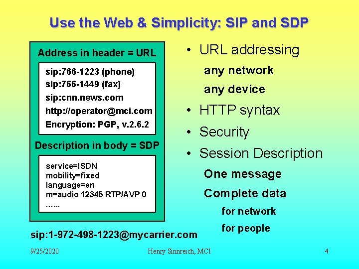 Use the Web & Simplicity: SIP and SDP Address in header = URL • Use the Web & Simplicity: SIP and SDP Address in header = URL •