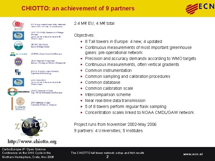 CHIOTTO: an achievement of 9 partners 2. 4 M€ EU; 4 M€ total Objectives: